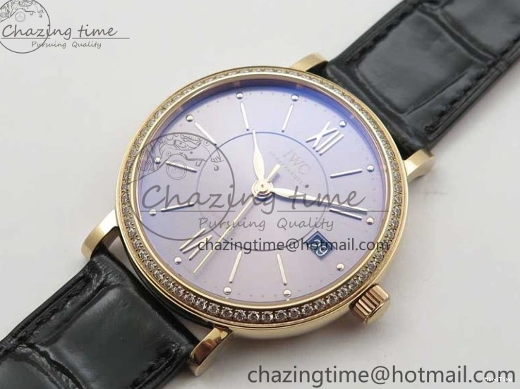 MIROTIME 0522 Durable Portofino 37mm RG V7F 1:1 Best Edition Gray Dial Diamonds Bezel on Black Leather Strap A 7089